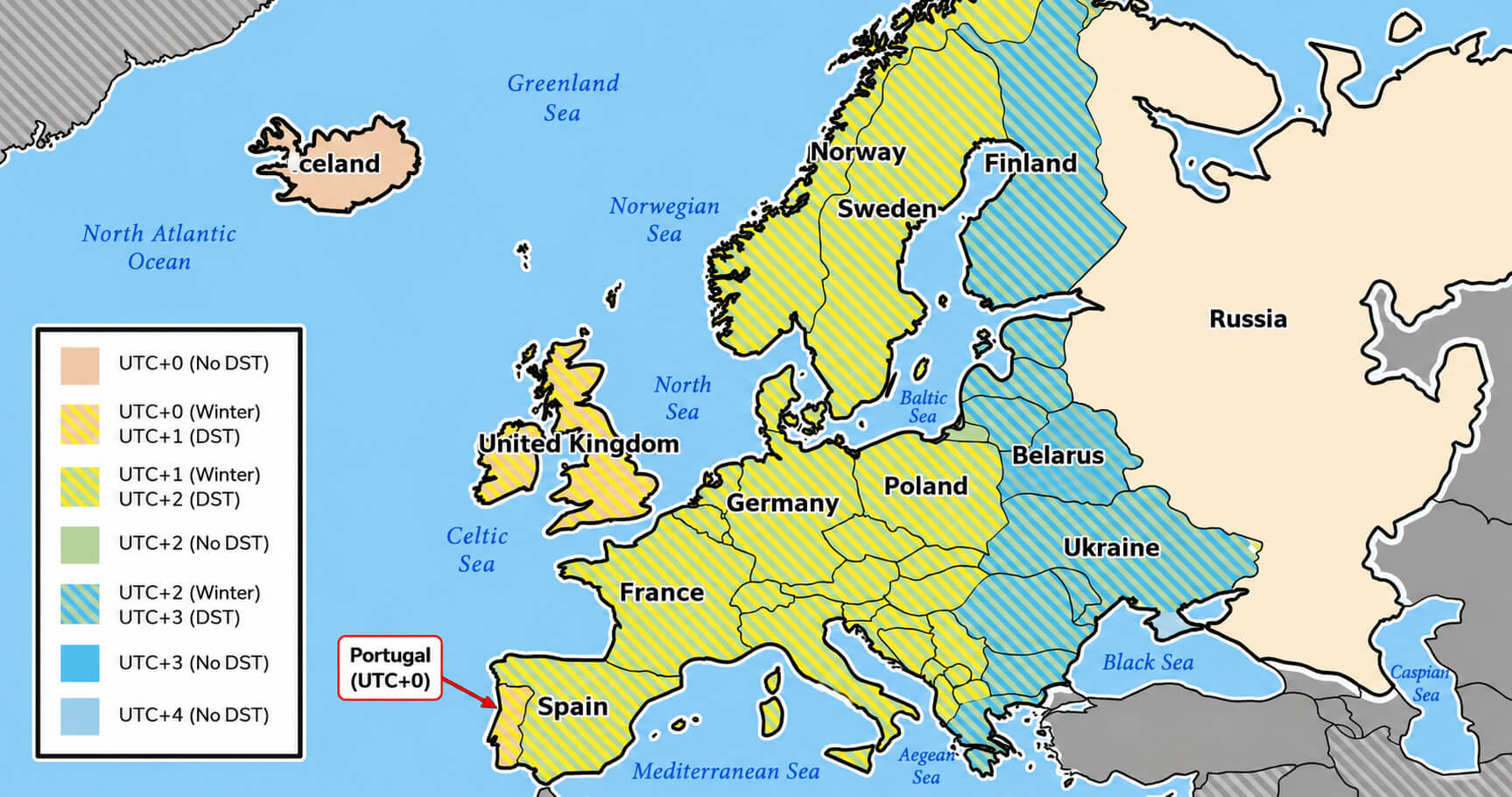 Europe time zone map with Portugal