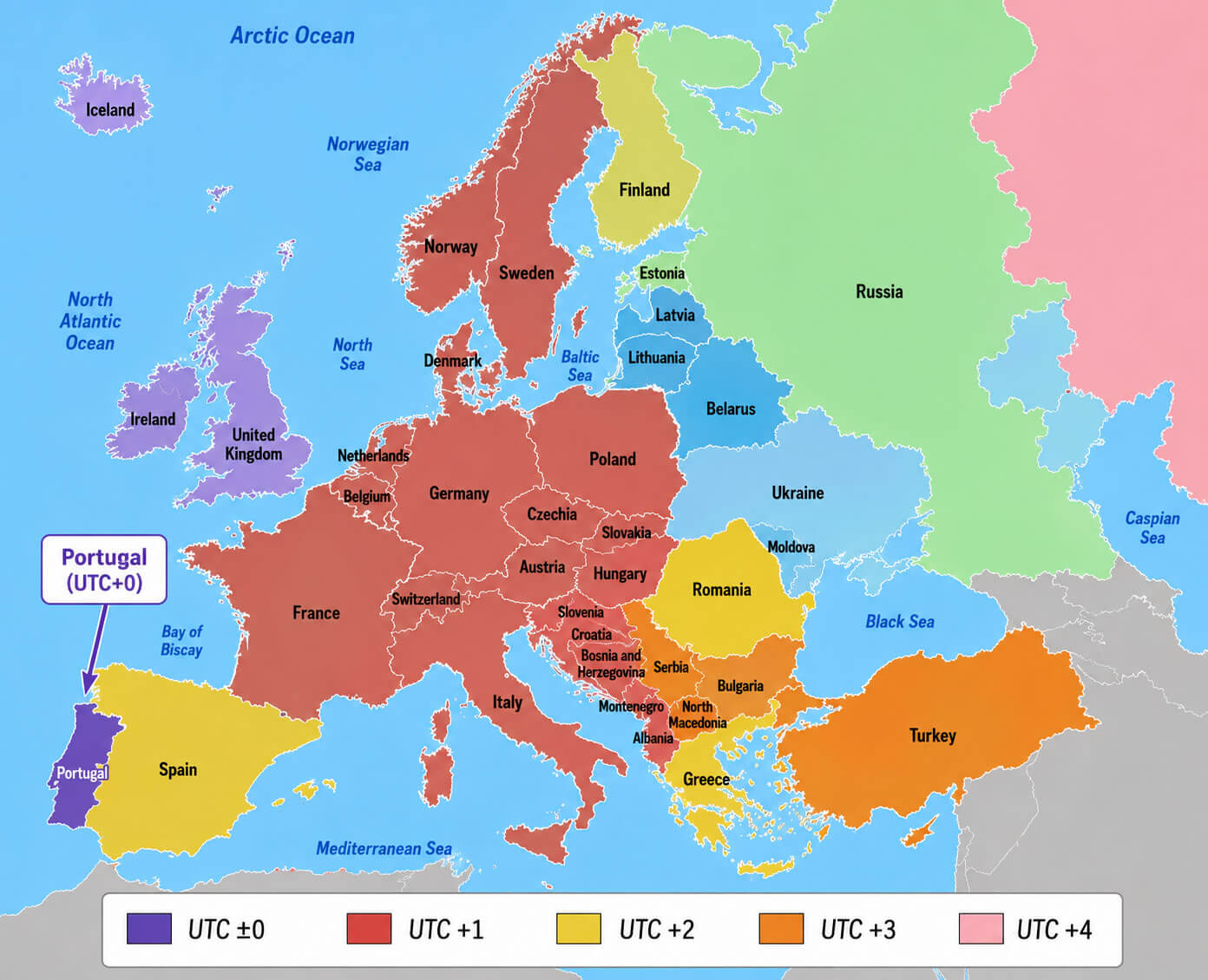 Europe time zone map with UTC offsets