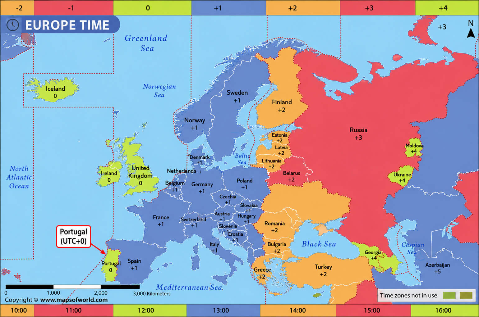 Portugal Europe time zone map