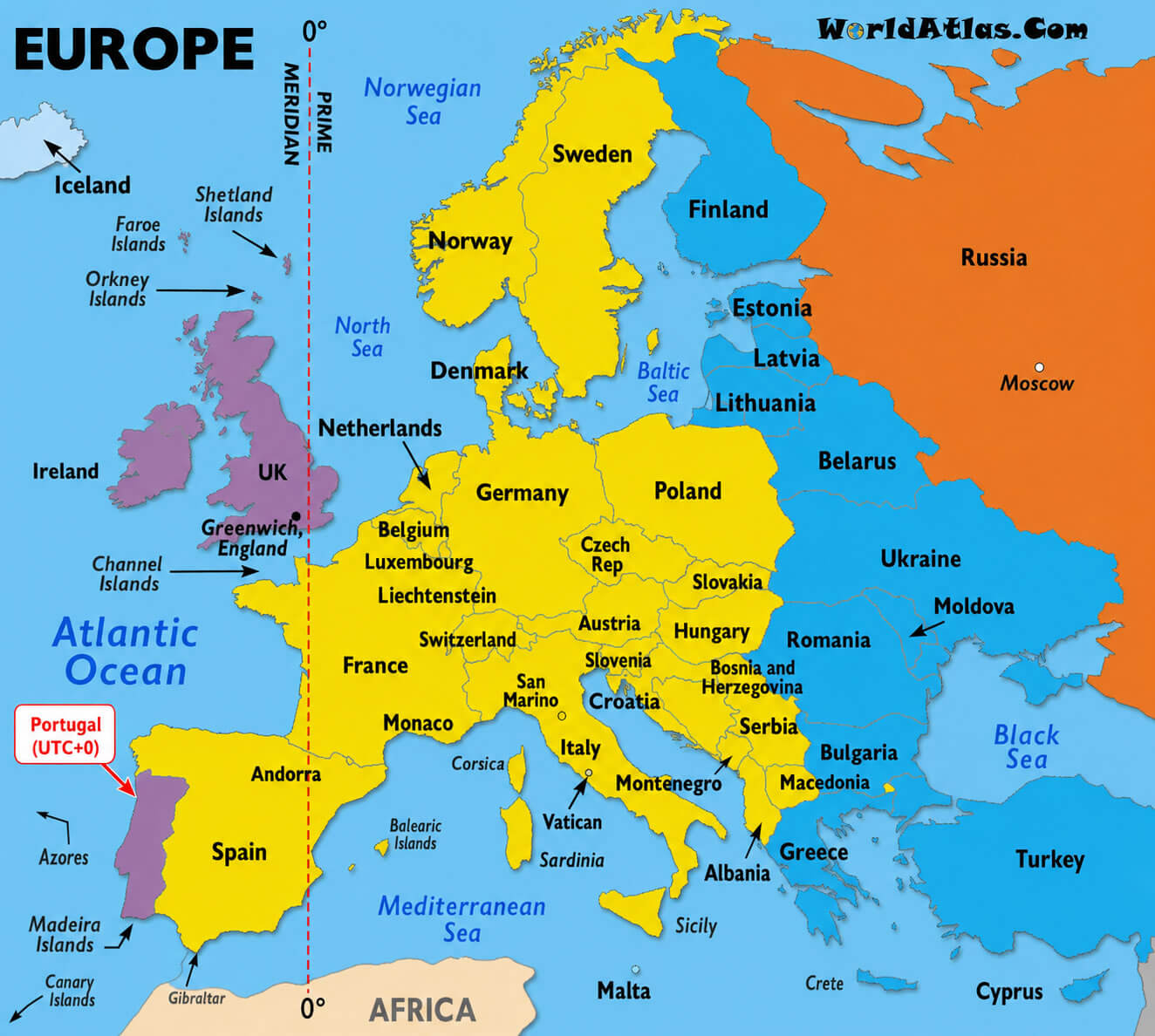 Portugal on Europe time zone map