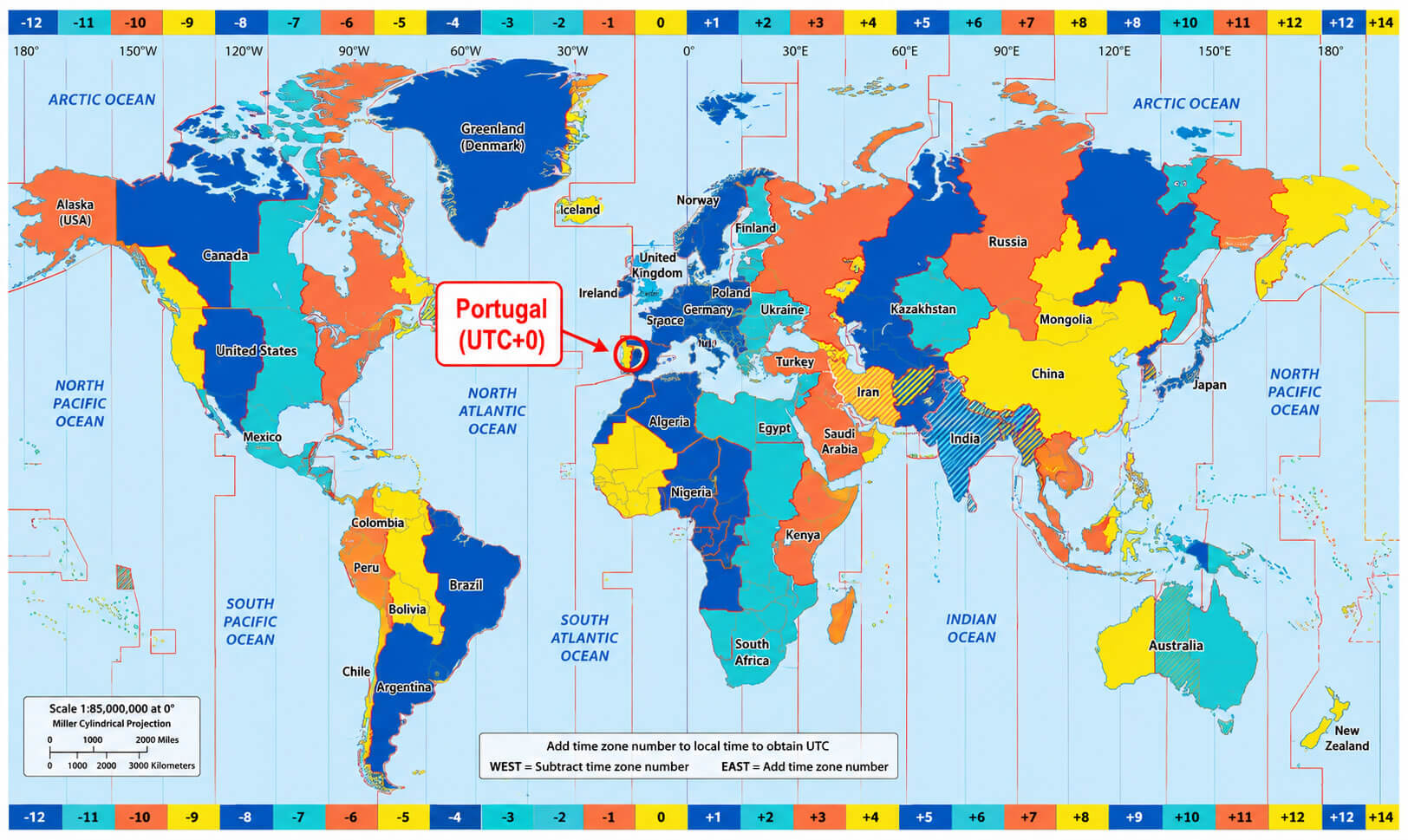 Portugal on World time zone map