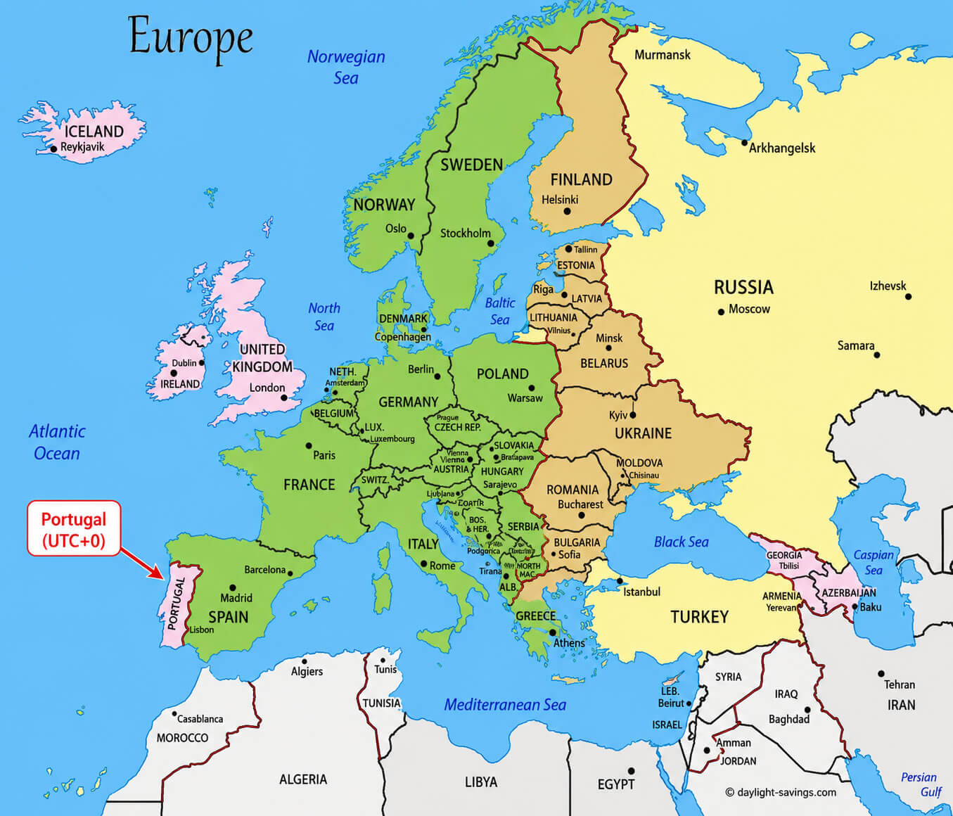 Portugal UTC +0 time zone map