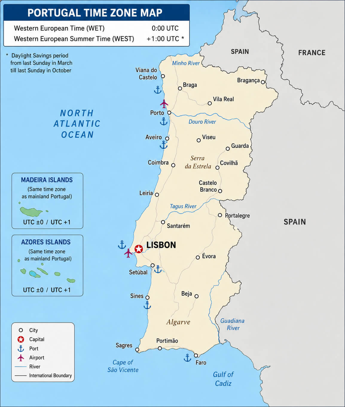 Portugal western Europe time zone map