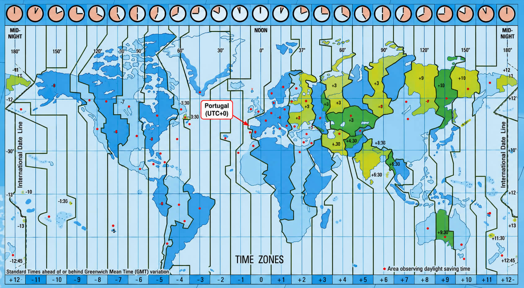 World time zone map with Portugal