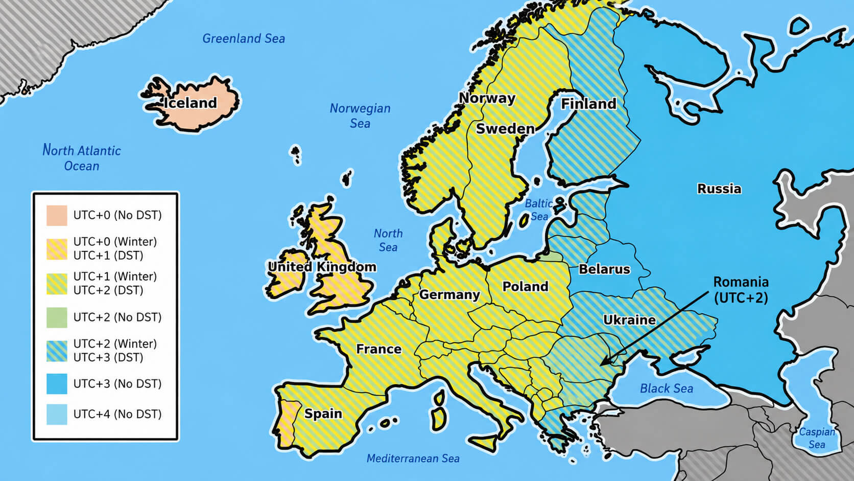 Europe time zone map with Romania