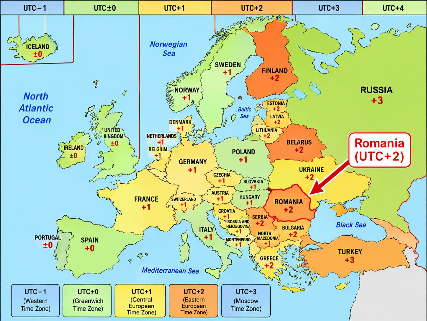 Europe time zone map with UTC offsets