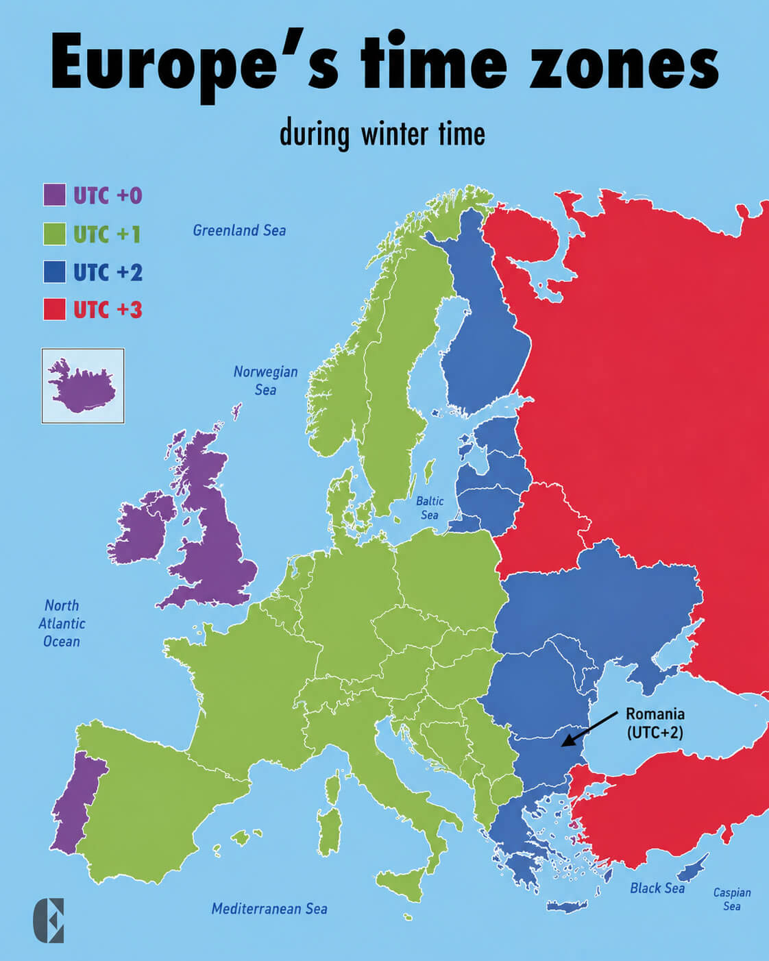 Europes time zones during winter map