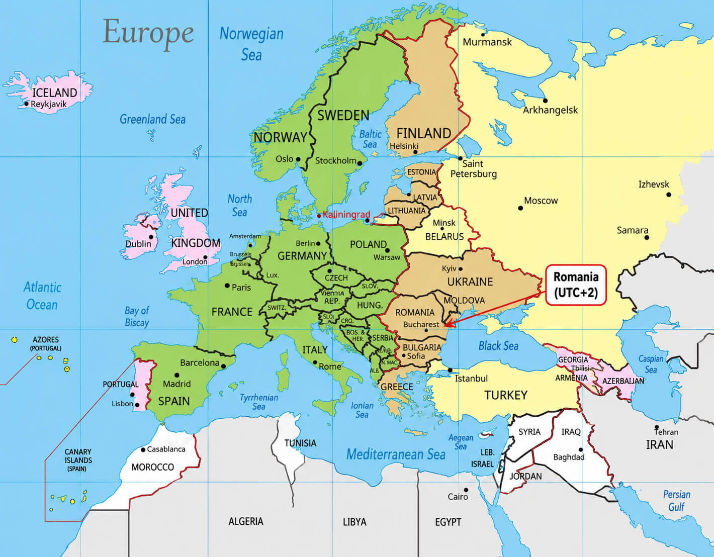 Romania on Europe time zone map