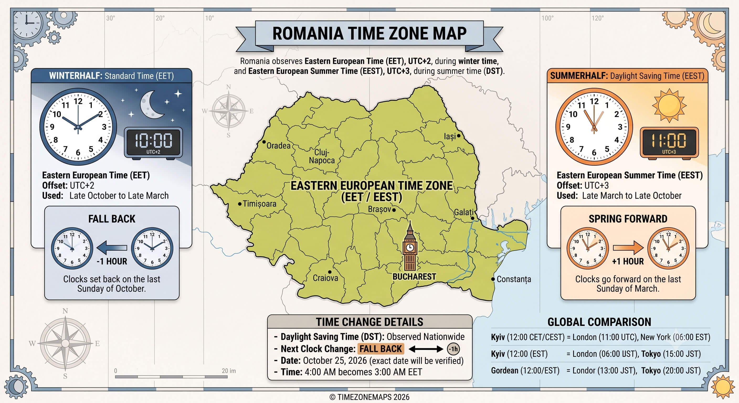 Romania standard time zone map