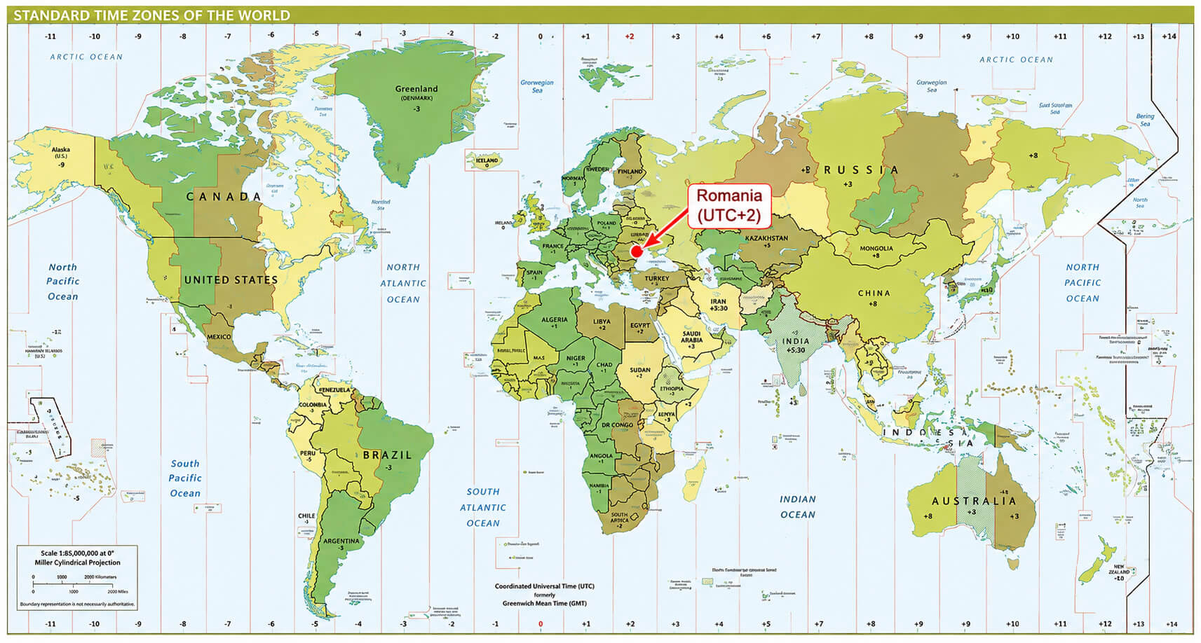 World time zone map with Romania