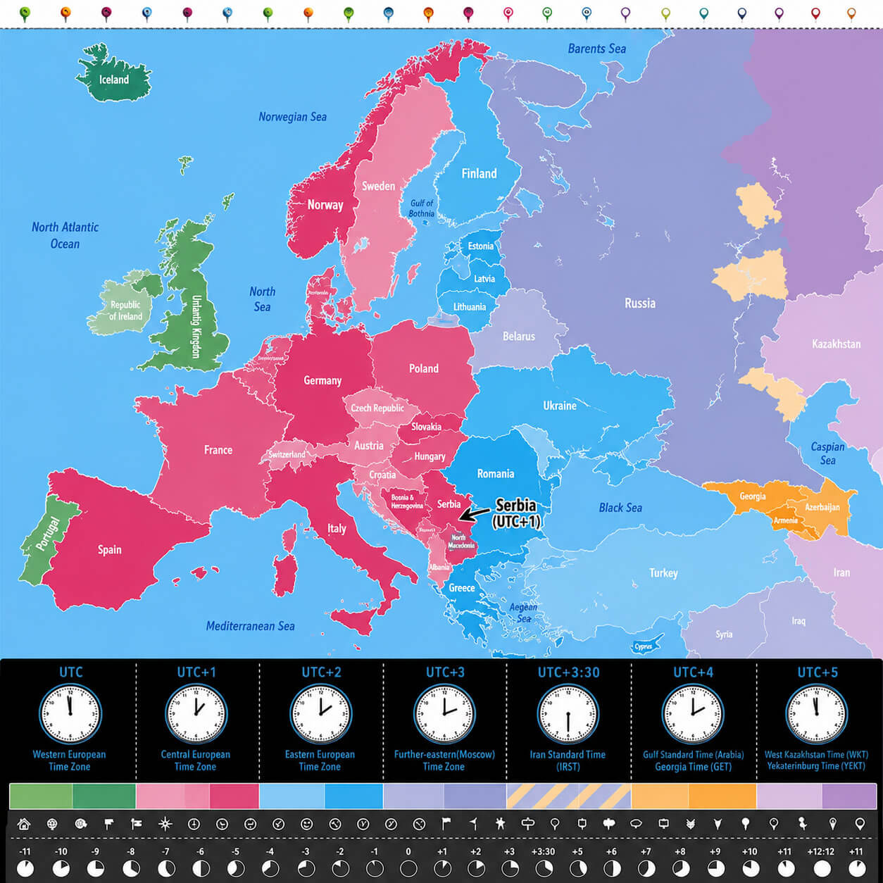 Europe time zone map with clocks