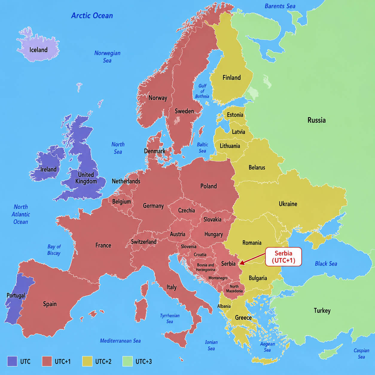 Europe time zone map with Serbia