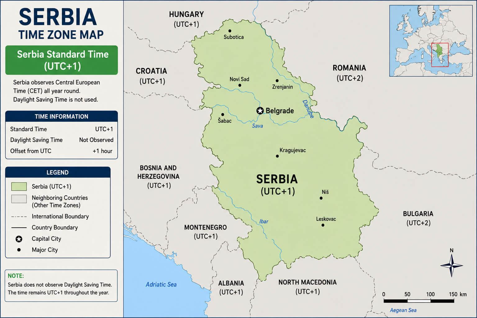Serbia country time zone map