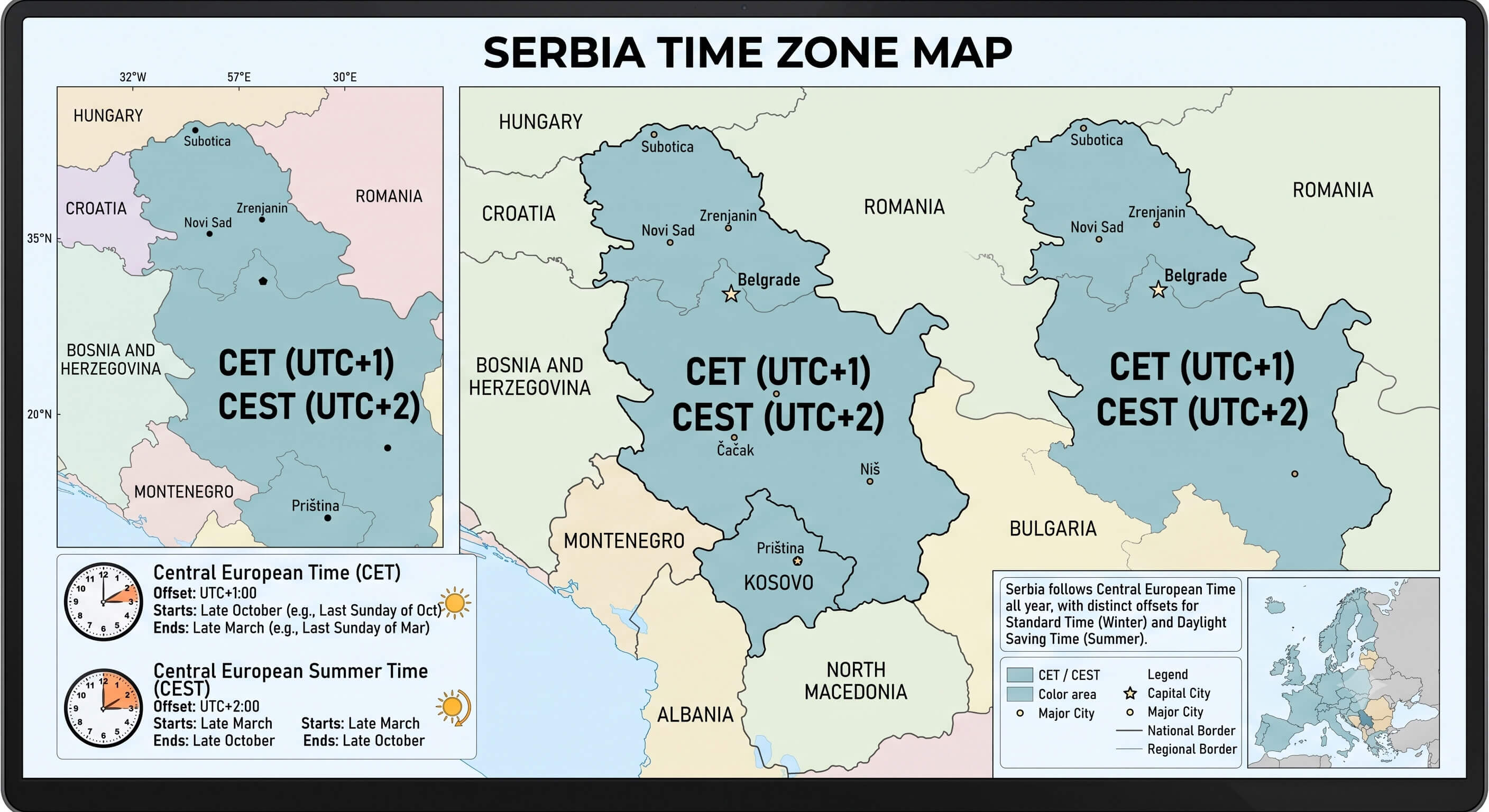 Serbia time zone map