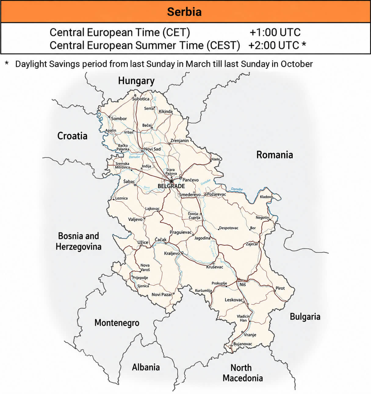 Serbia UTC +1 time zone map