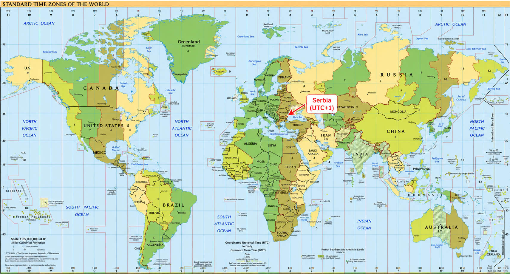 World time zone map with Serbia