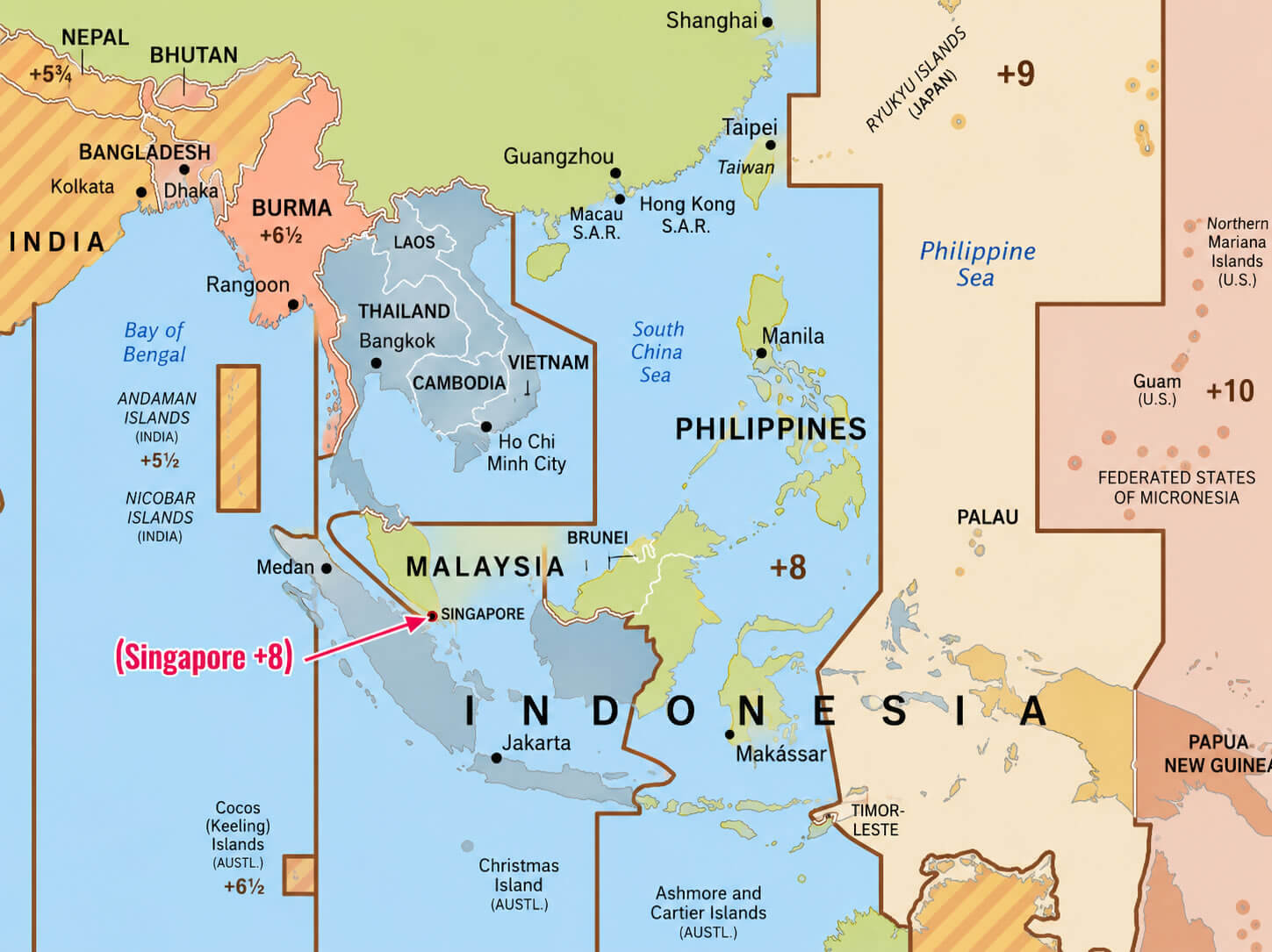Asia time zone map with Singapore