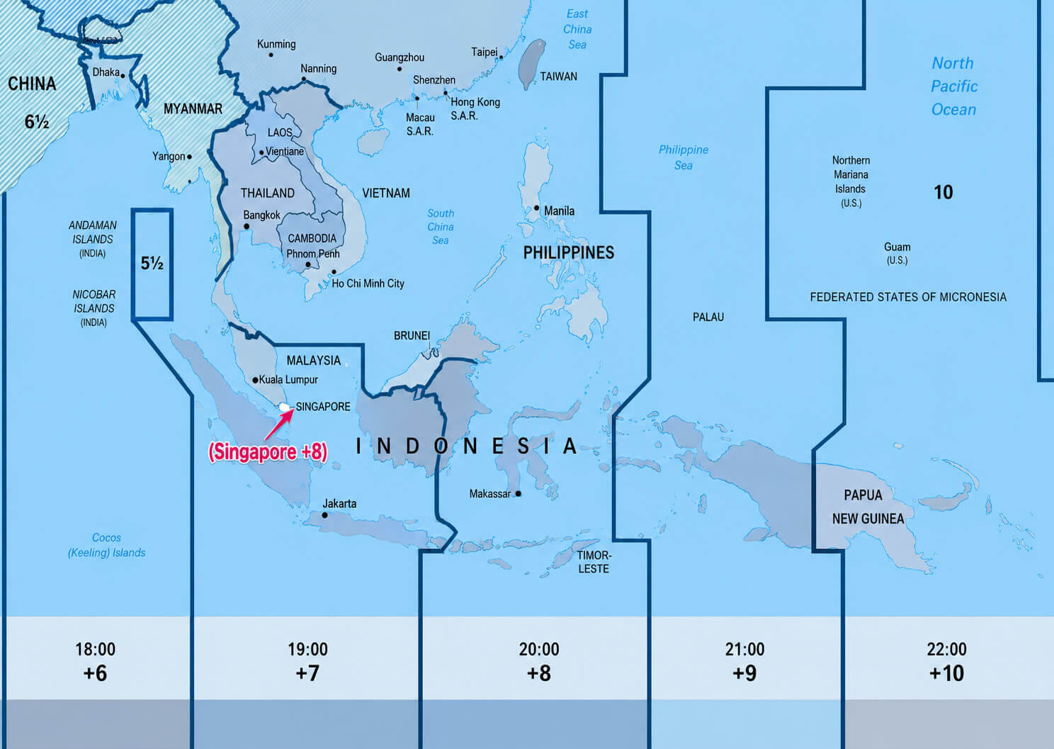 Asia UTC time zone map with Singapore