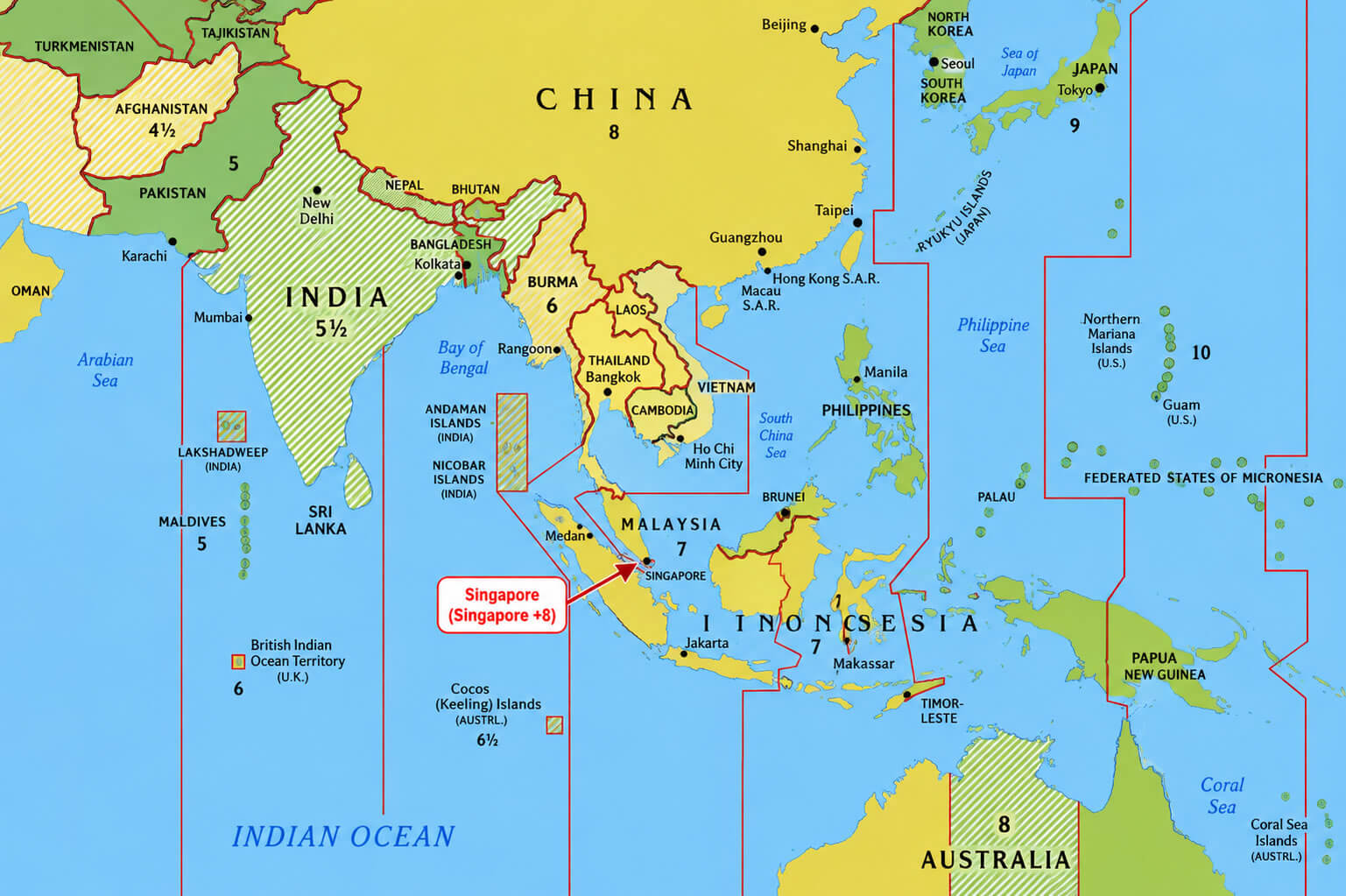 Southeast Asia time zone map with Singapore