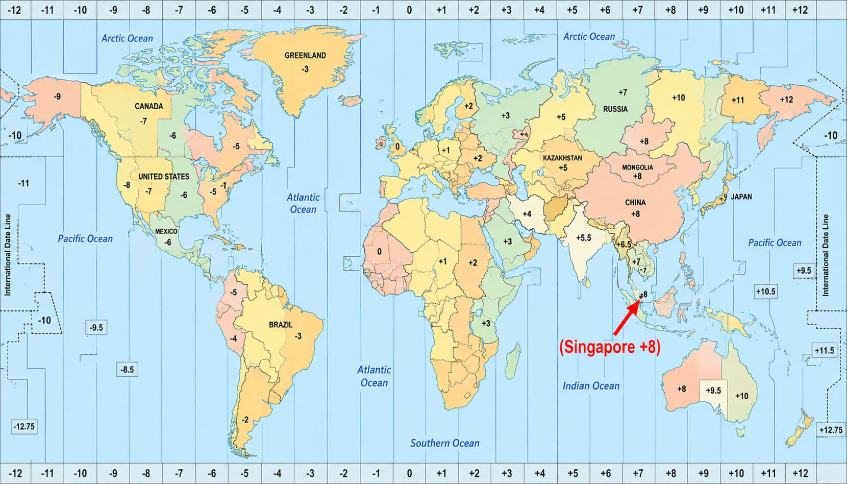 World map with Singapore time zone
