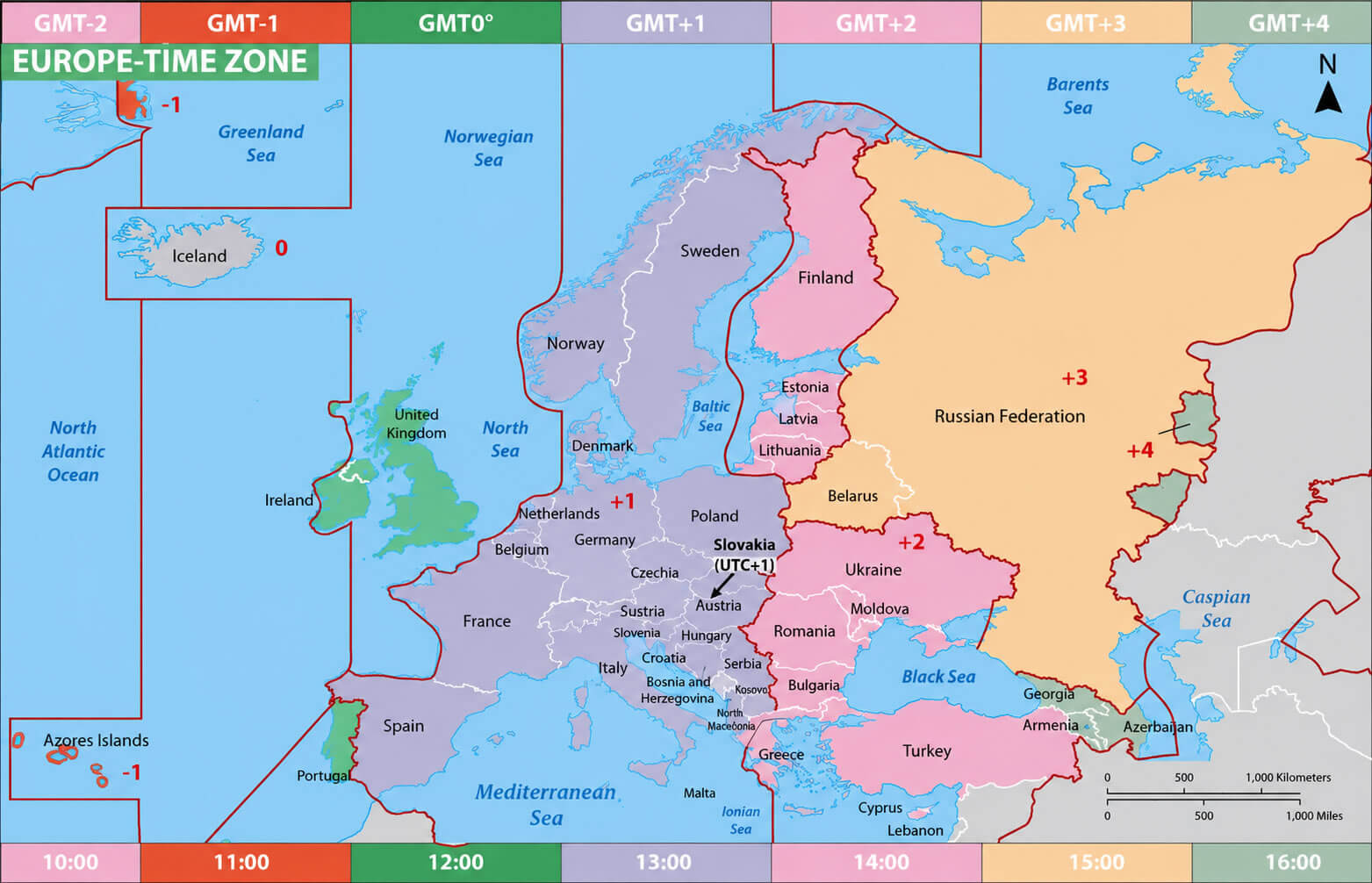 Europe counties time zone map with Slovakia