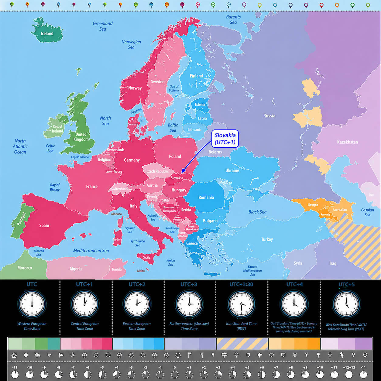 Europe time zone map with clocks