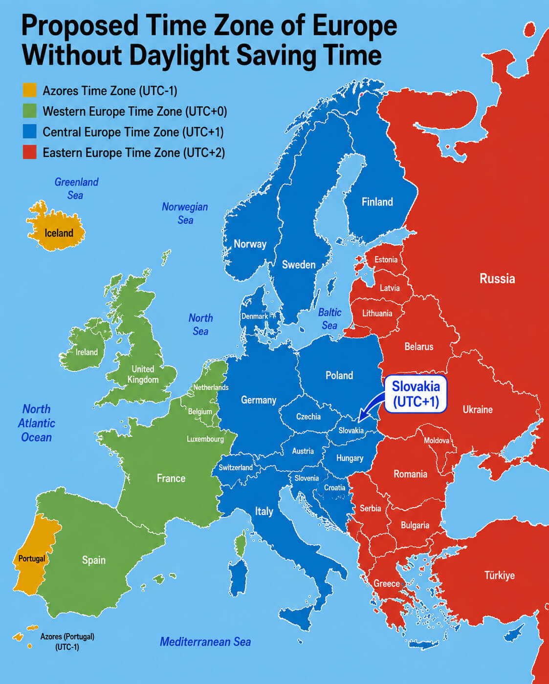 Europe time zone map with Slovakia