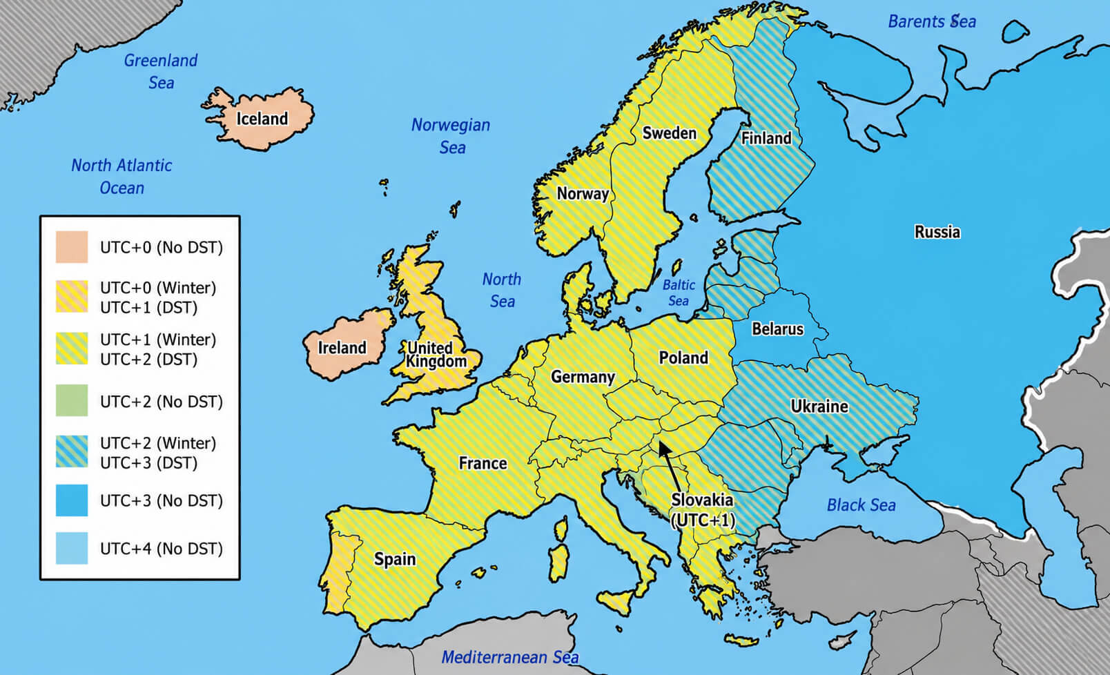 Europe time zone map with UTC +1