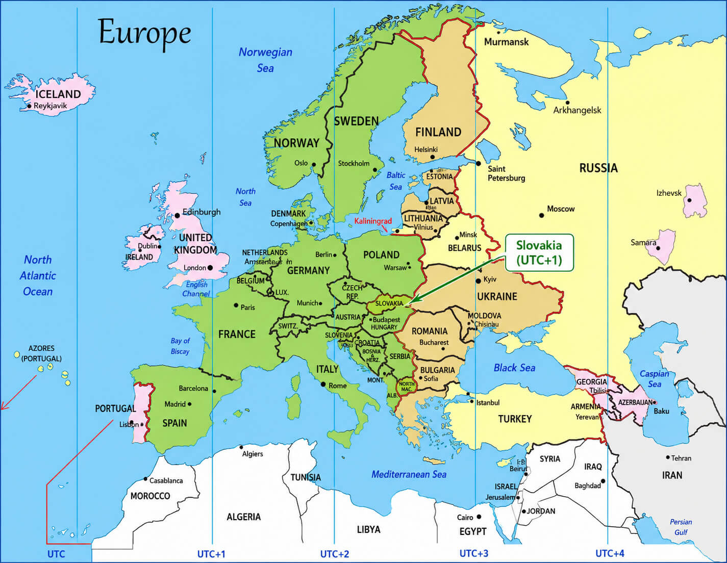 Slovakia on Europe time zone map