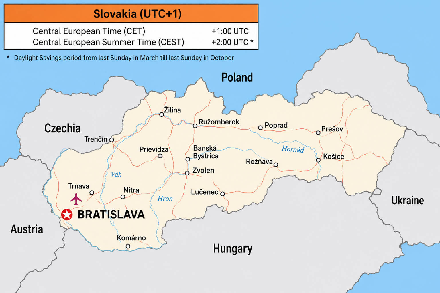 Slovakia standard time zone map
