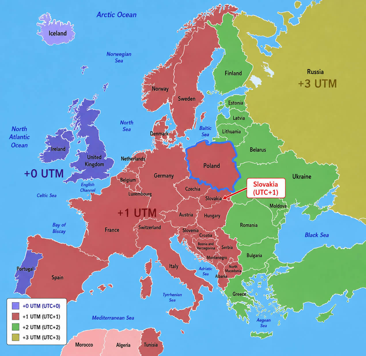 Slovakia UTC +1 time zone map