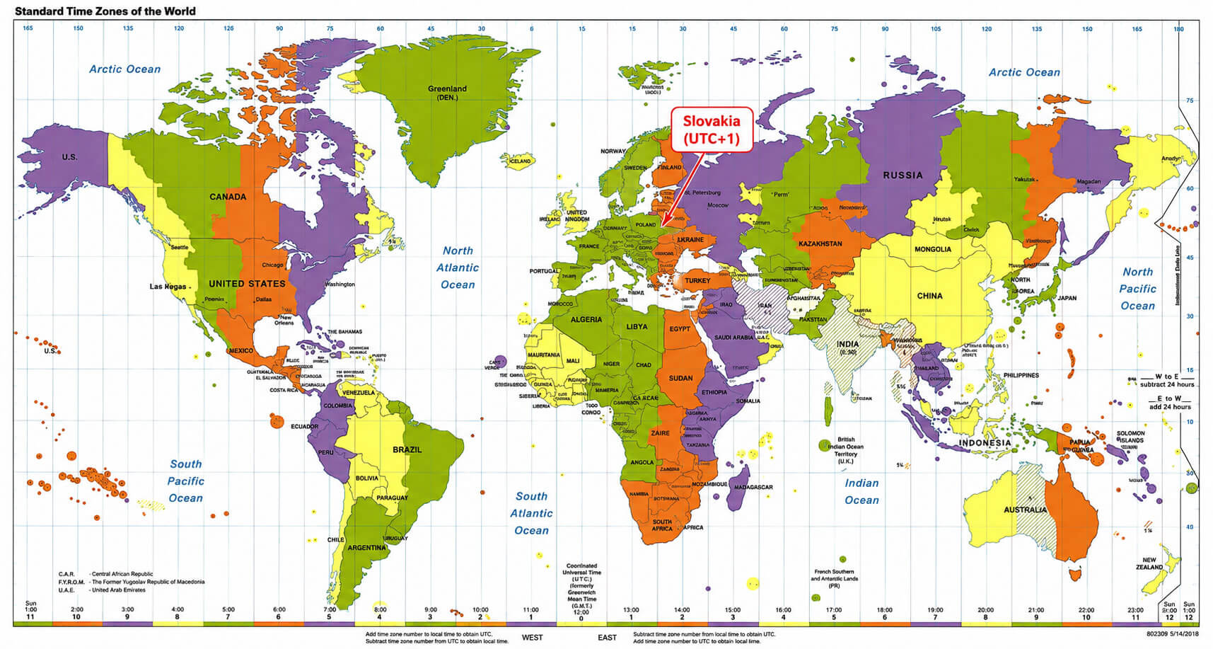 World countries time zones with Slovakia