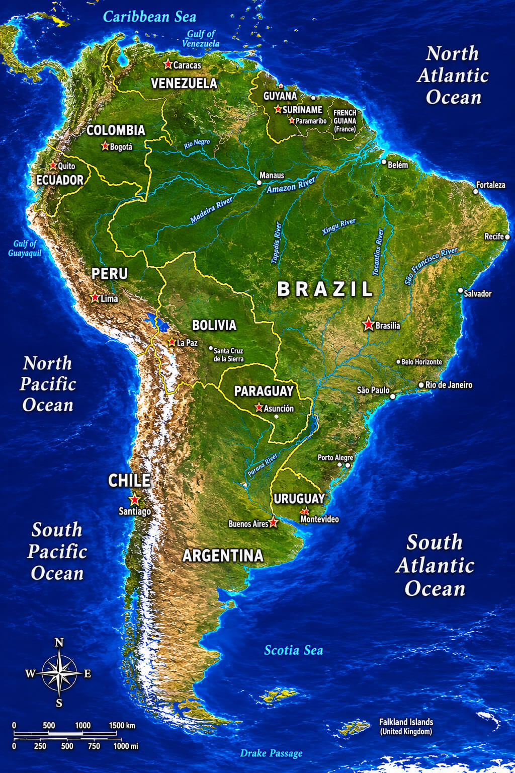 South America satellite relief map