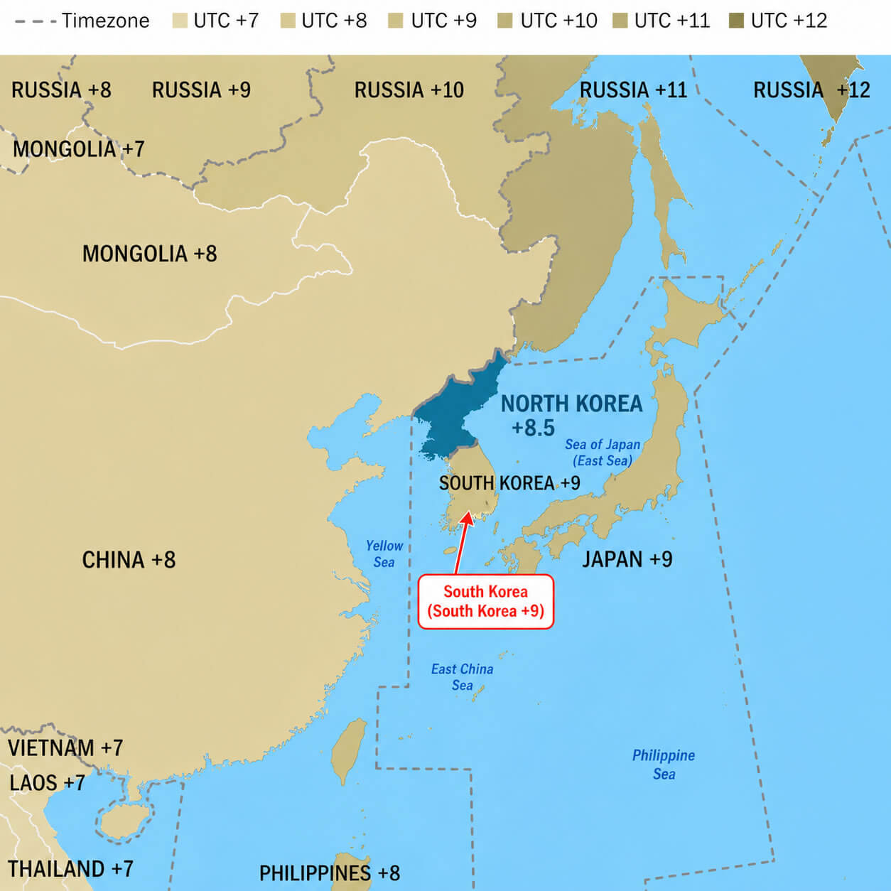 East Asia time zone map with South Korea