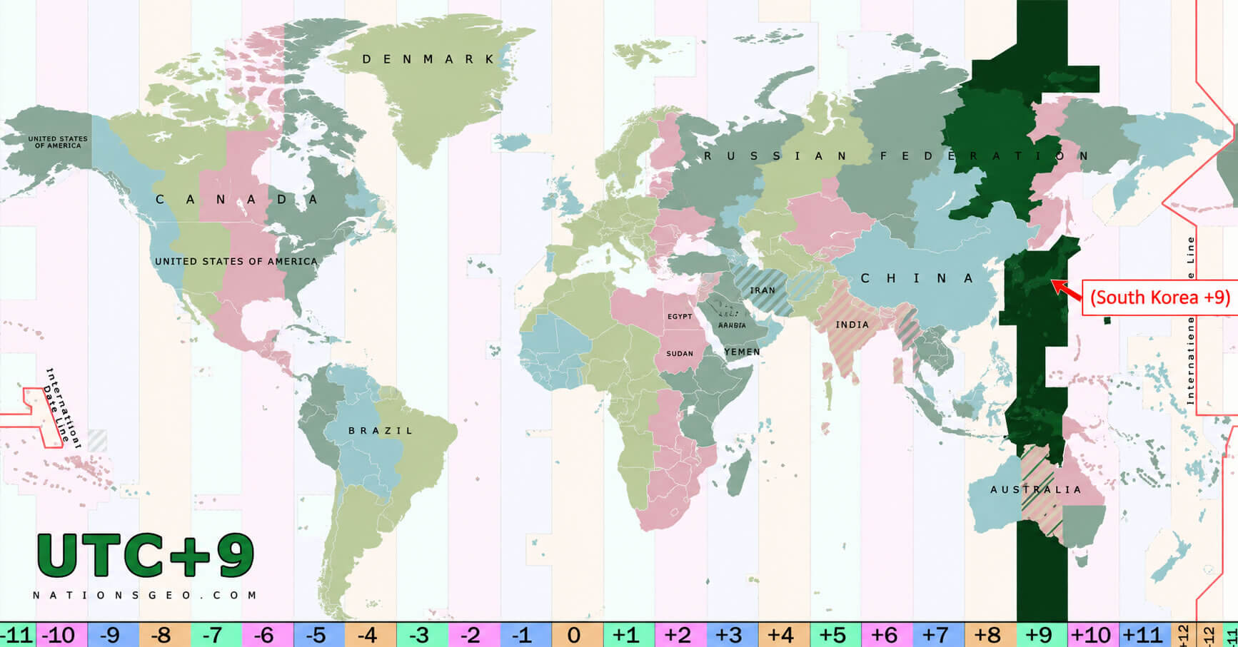 UTC +9 World map with South Korea