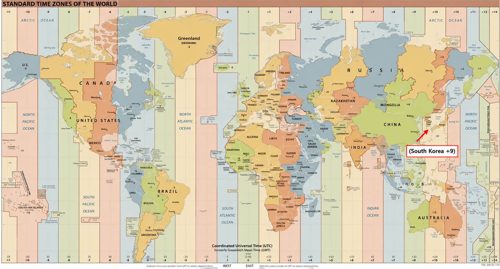 World time zones map with South Korea