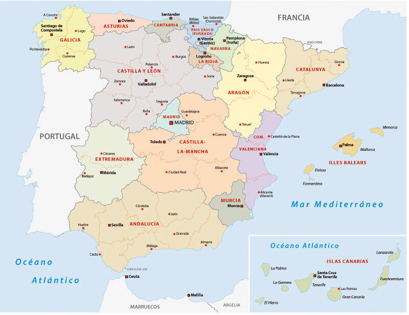 Autonomous communities map of Spain.