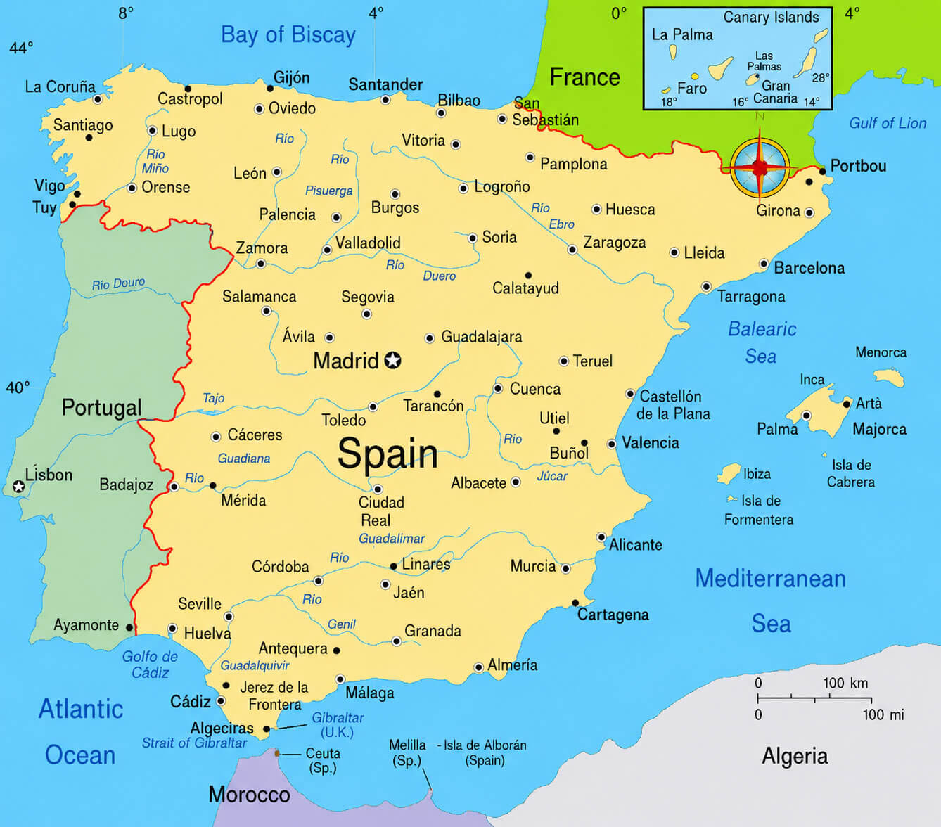 Cities map of Spain