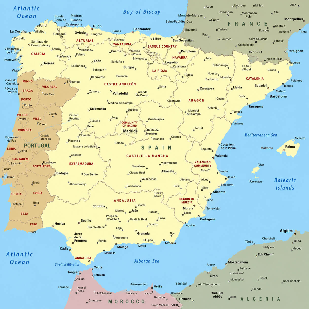 Spain map with cities