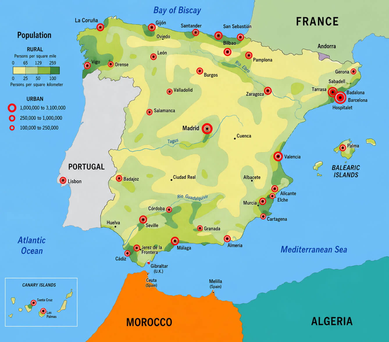 Spain population density map