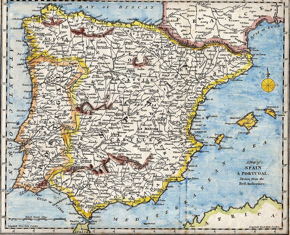 Iberian Peninsula antique 18th century map