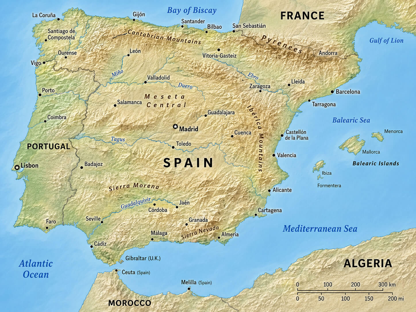 Spain physical relief map