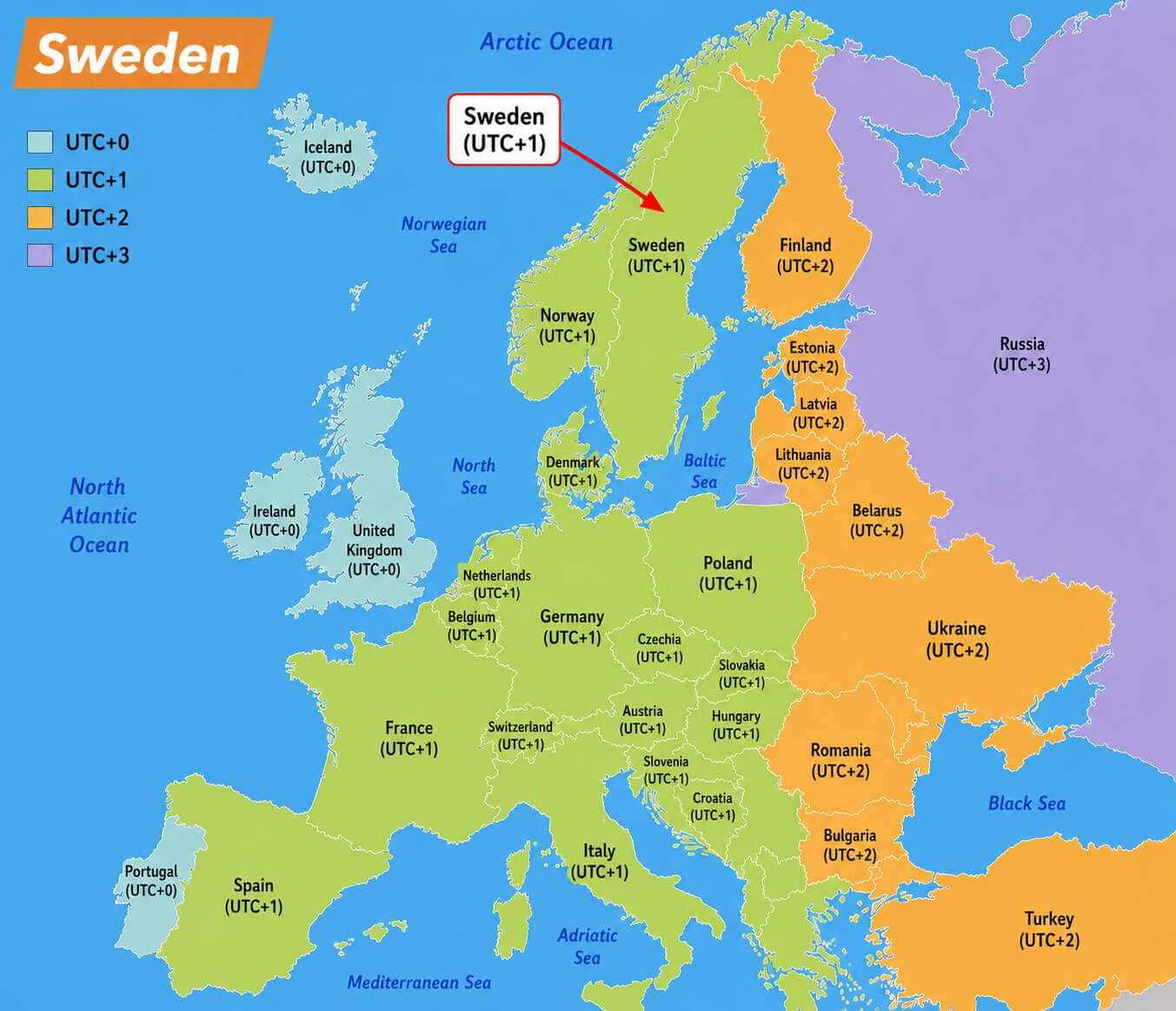 Eastern and Central Europe time zones map