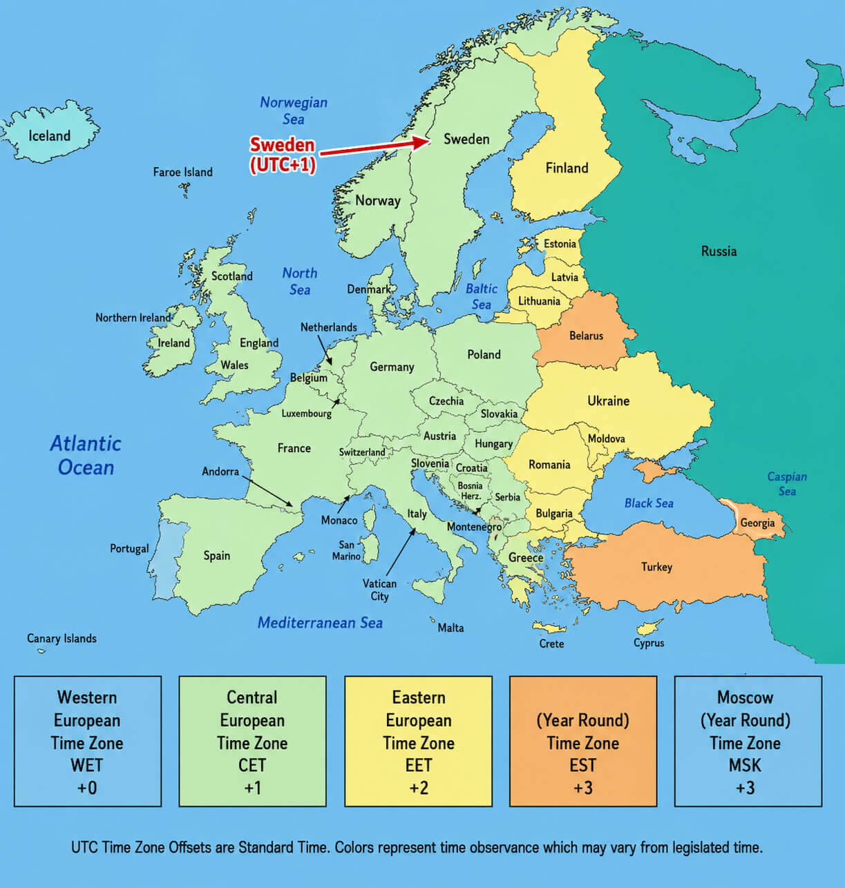Europe time zone map with UTC offsets