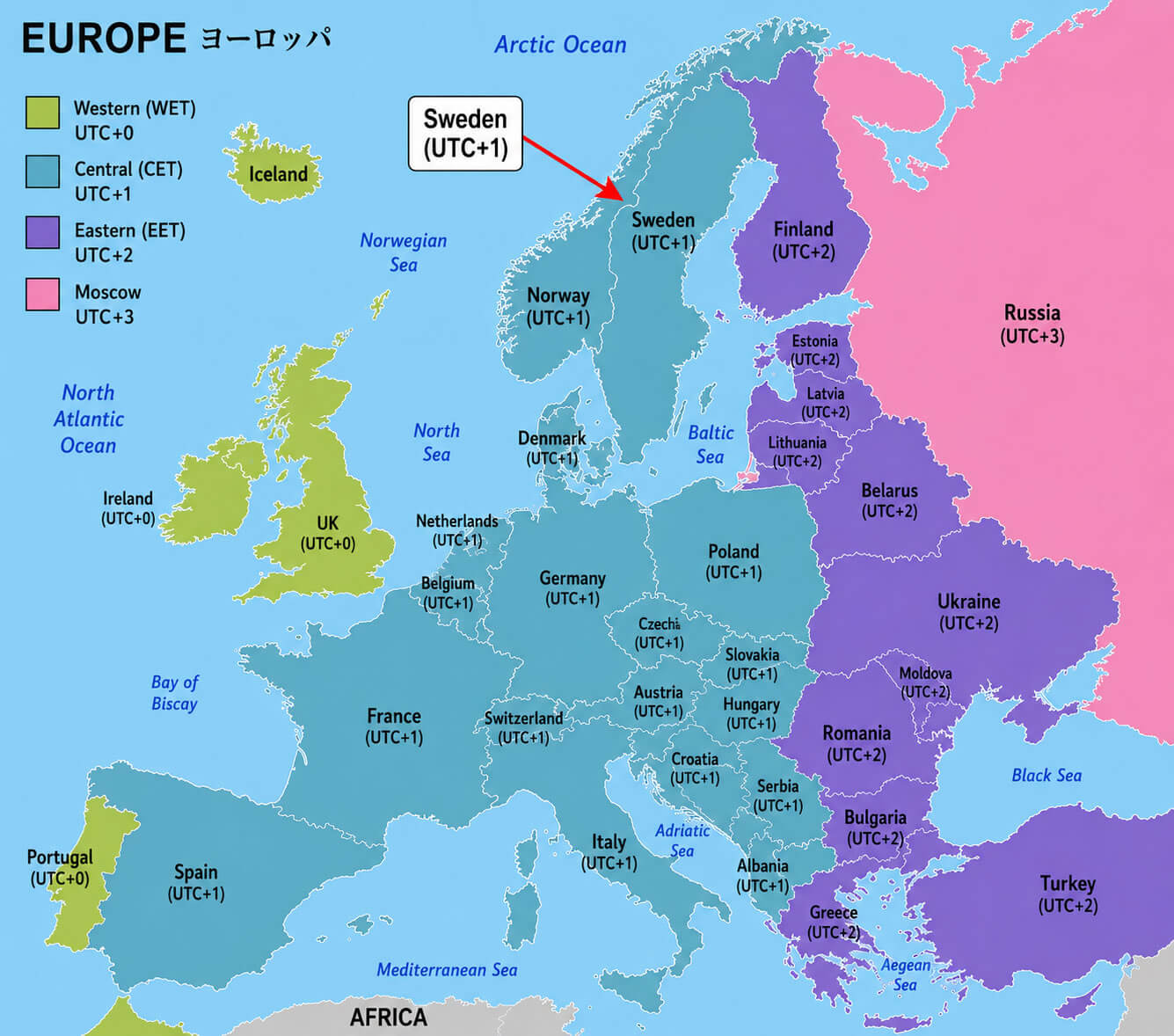 Europe time zones map
