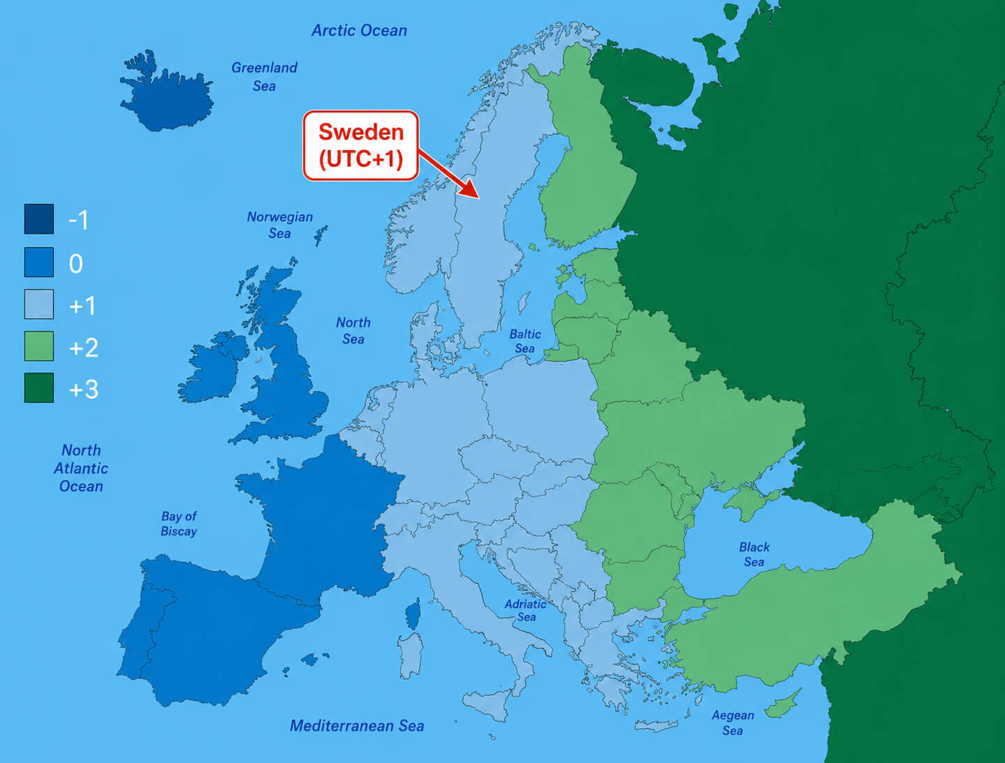 Europe UTC +1 time zone map with Sweden