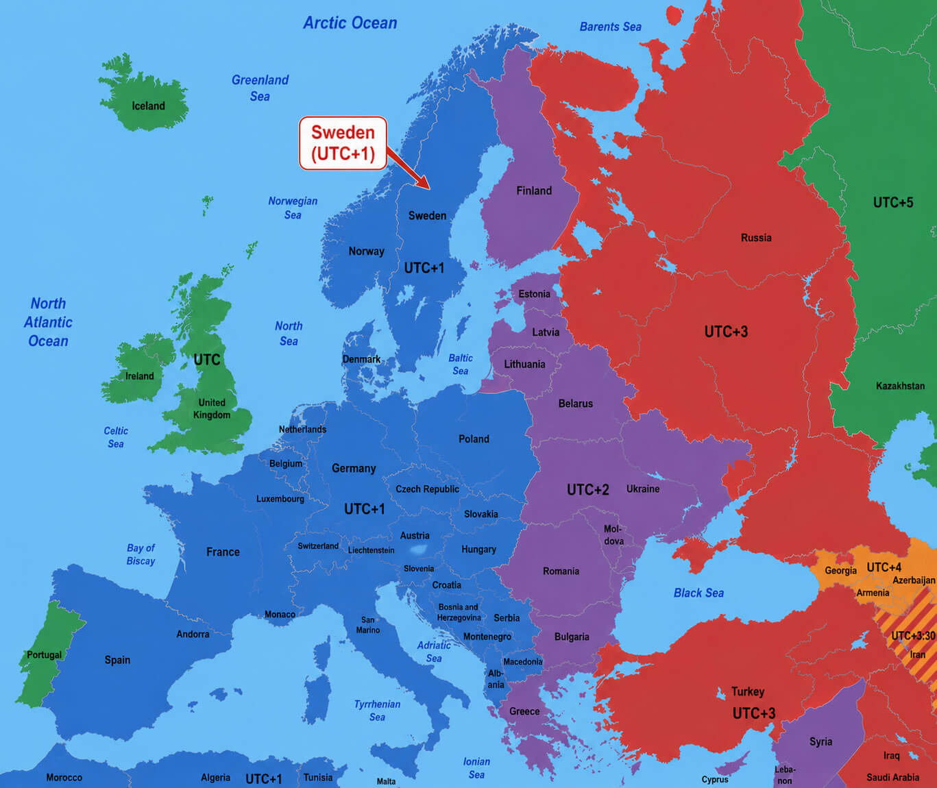 Europe UTC time zone map with Sweden