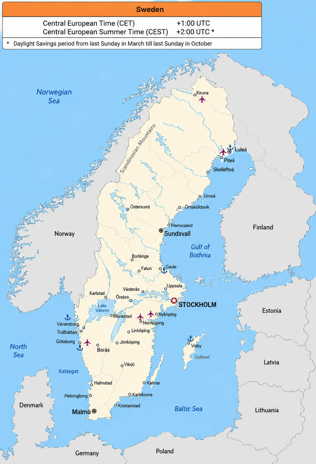 Sweden country time zone map