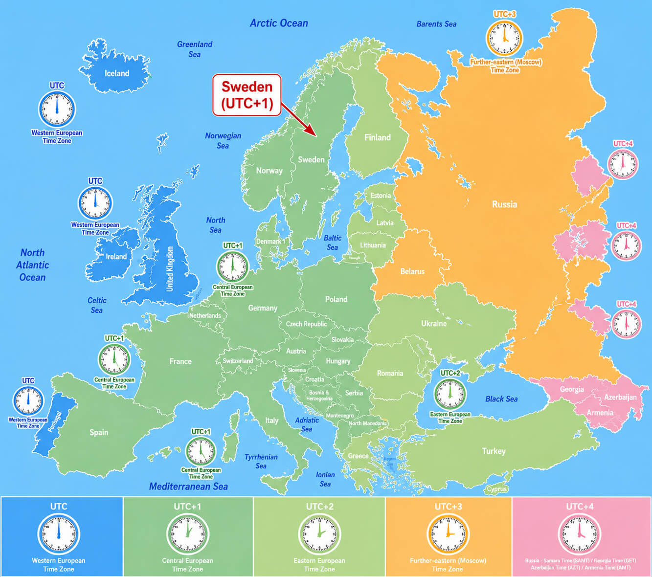 Sweden UTC +1 time zone map