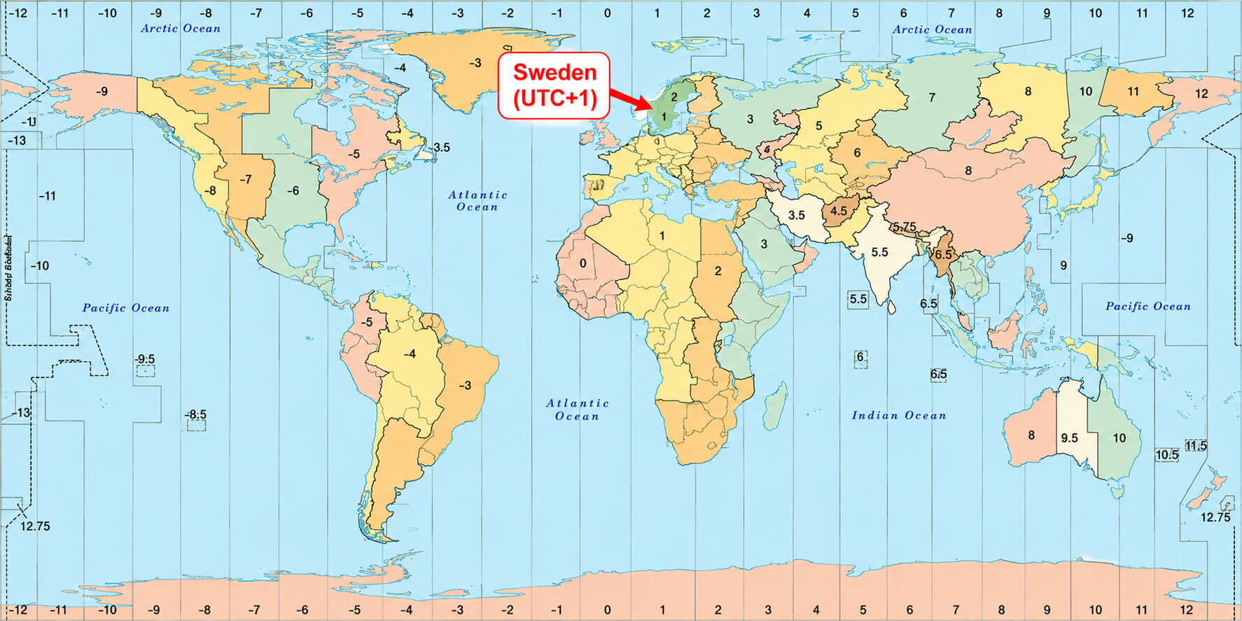 World time zone map with Sweden